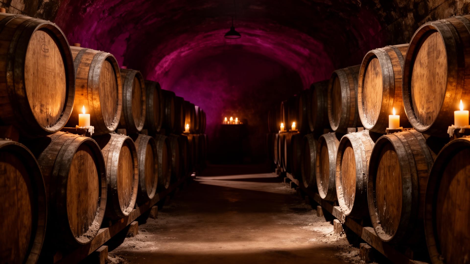 Oak barrels resting in the 915 Lincoln cellar